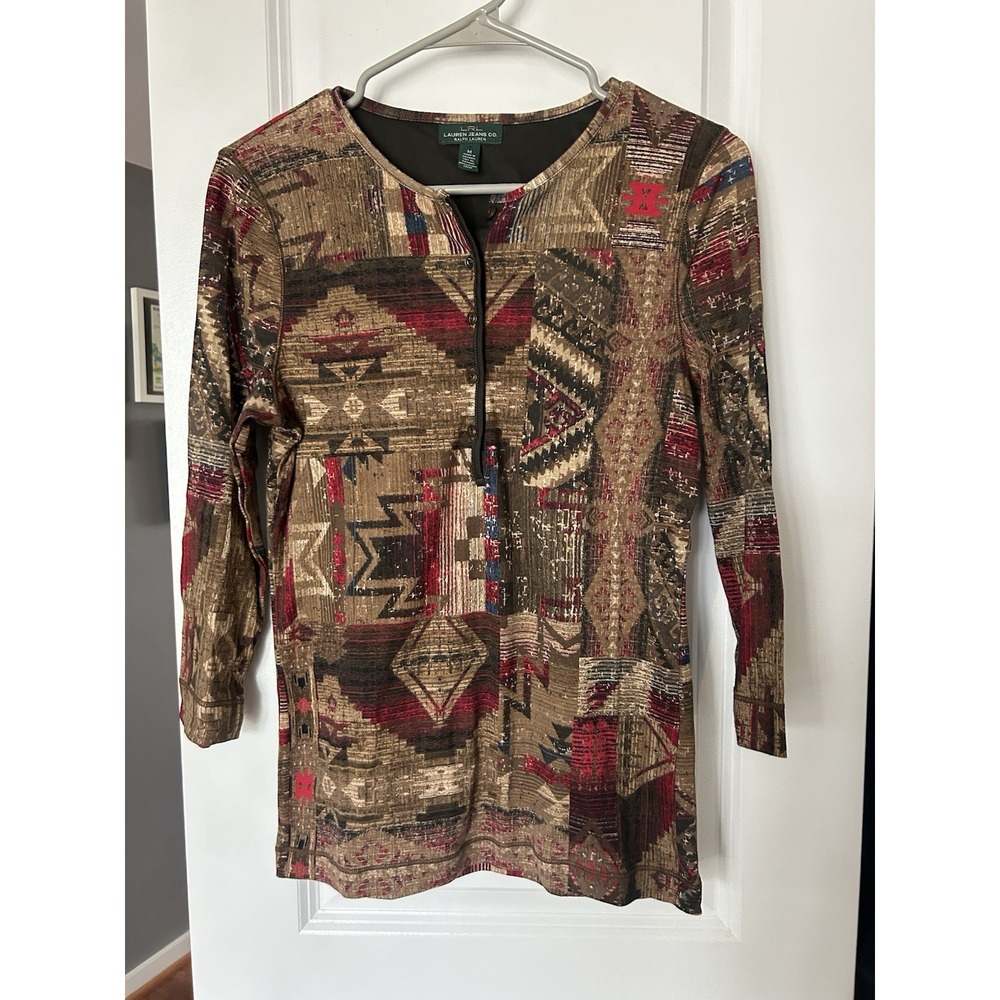 Lauren Ralph Lauren Top Henley 3/4 Sleeve Aztec Southwest Cotton Stretch Size M